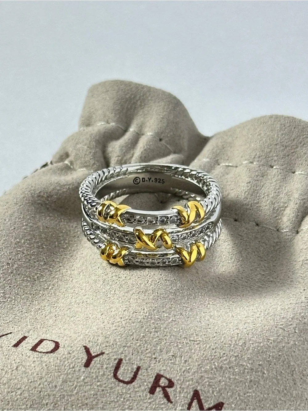 David Yurman Sterling Silver Petite Helena Wrap Three Row Pave Ring with Gold